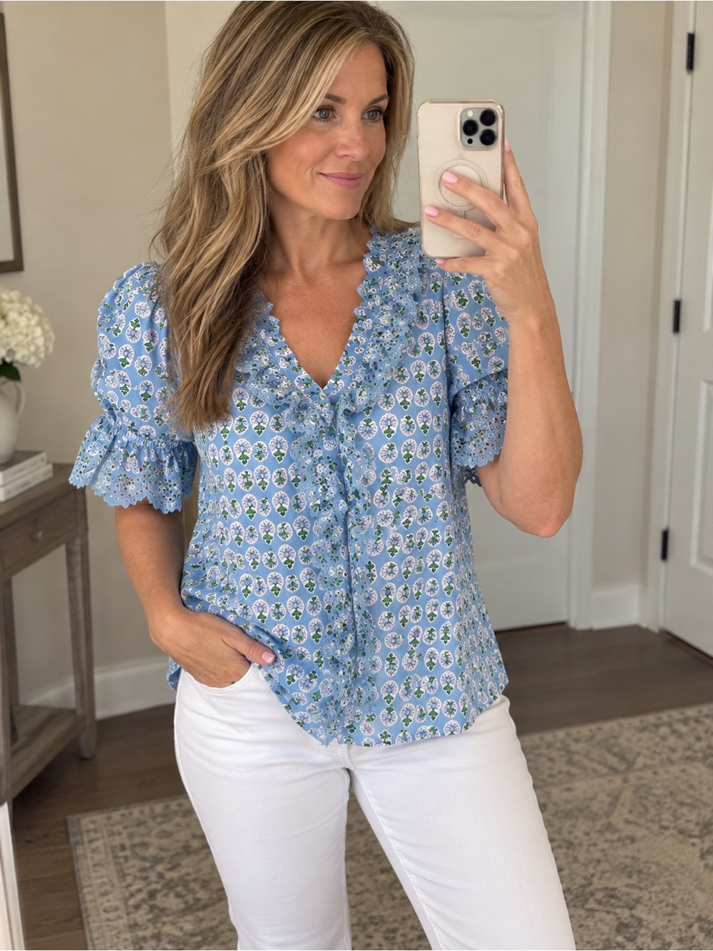 J. Crew Light Blue Floral Ruffle V-Neck Blouse